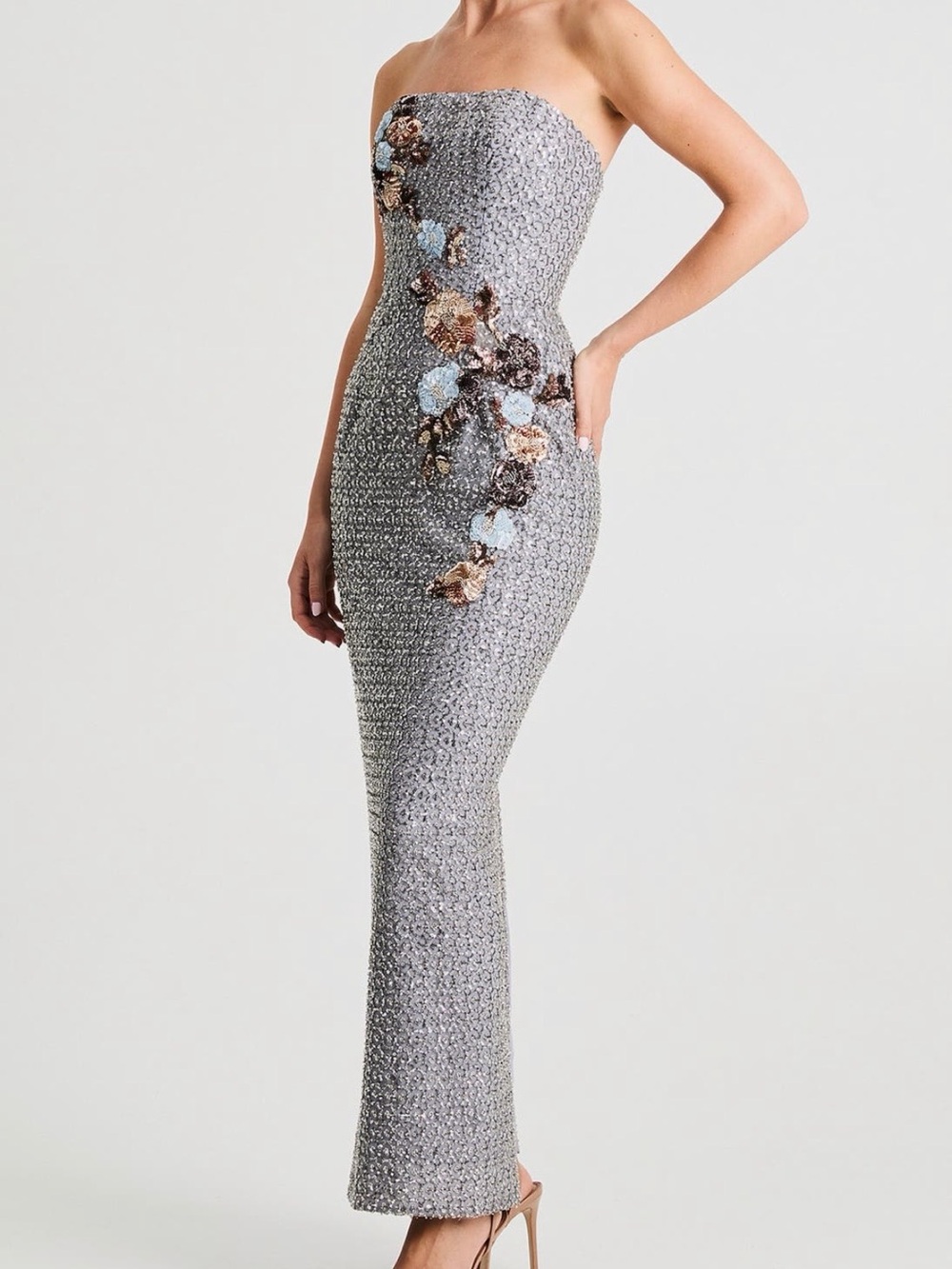 HELSI Silvia Floral Sequin Strapless Cocktail Silver Dress - Picture 3 of 5